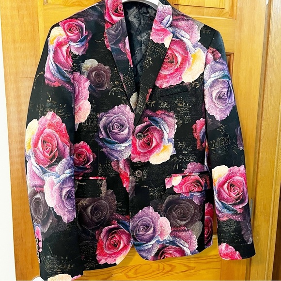 Womens Printed Floral Blazer Jacket Sz L Pink Purple Roses Formal Garden Party - Picture 3 of 11
